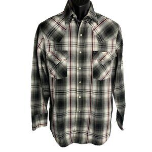 Plains Pearl Snap Western Shirt S Grey Plaid Long Sleeves Pockets One Point Yoke